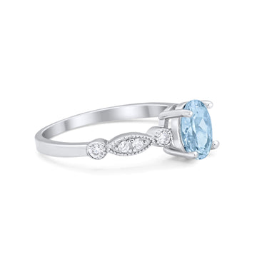 Vintage Style Wedding Ring Oval Simulated Aquamarine CZ 925 Sterling Silver
